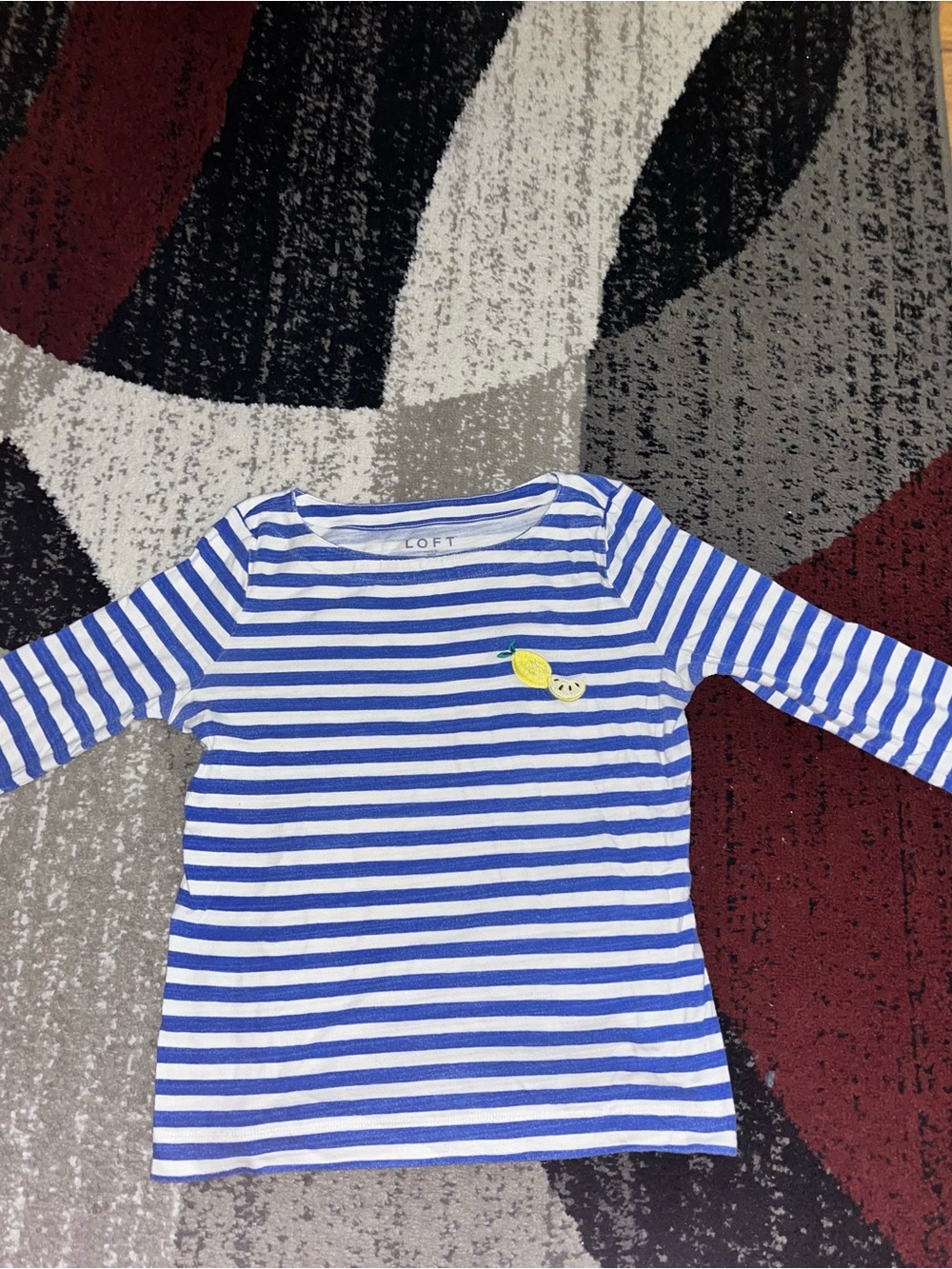 LOFT Blue & White Striped Long Sleeve Tee with Lemon Patch